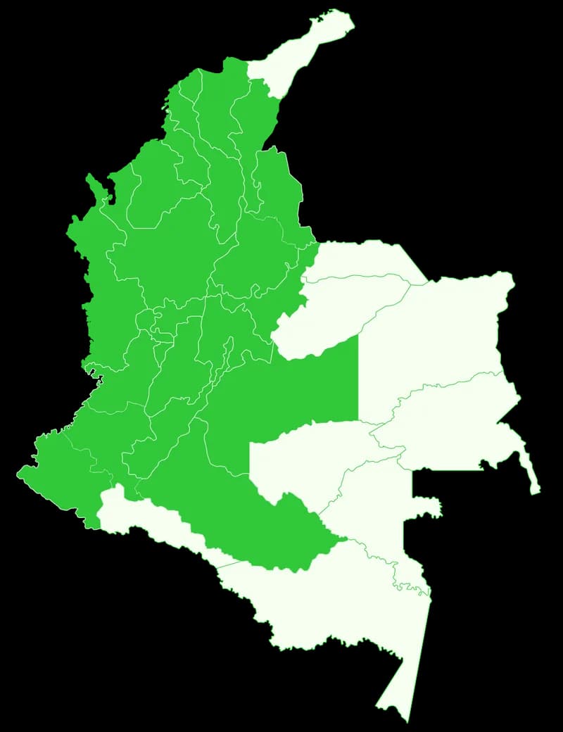 Mapa de Colombia con los departamentos atendidos resaltados